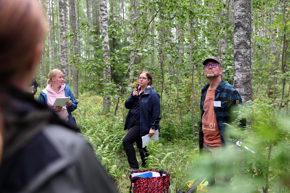 Personer presenterar framför andra personer i björkskog. Foto.